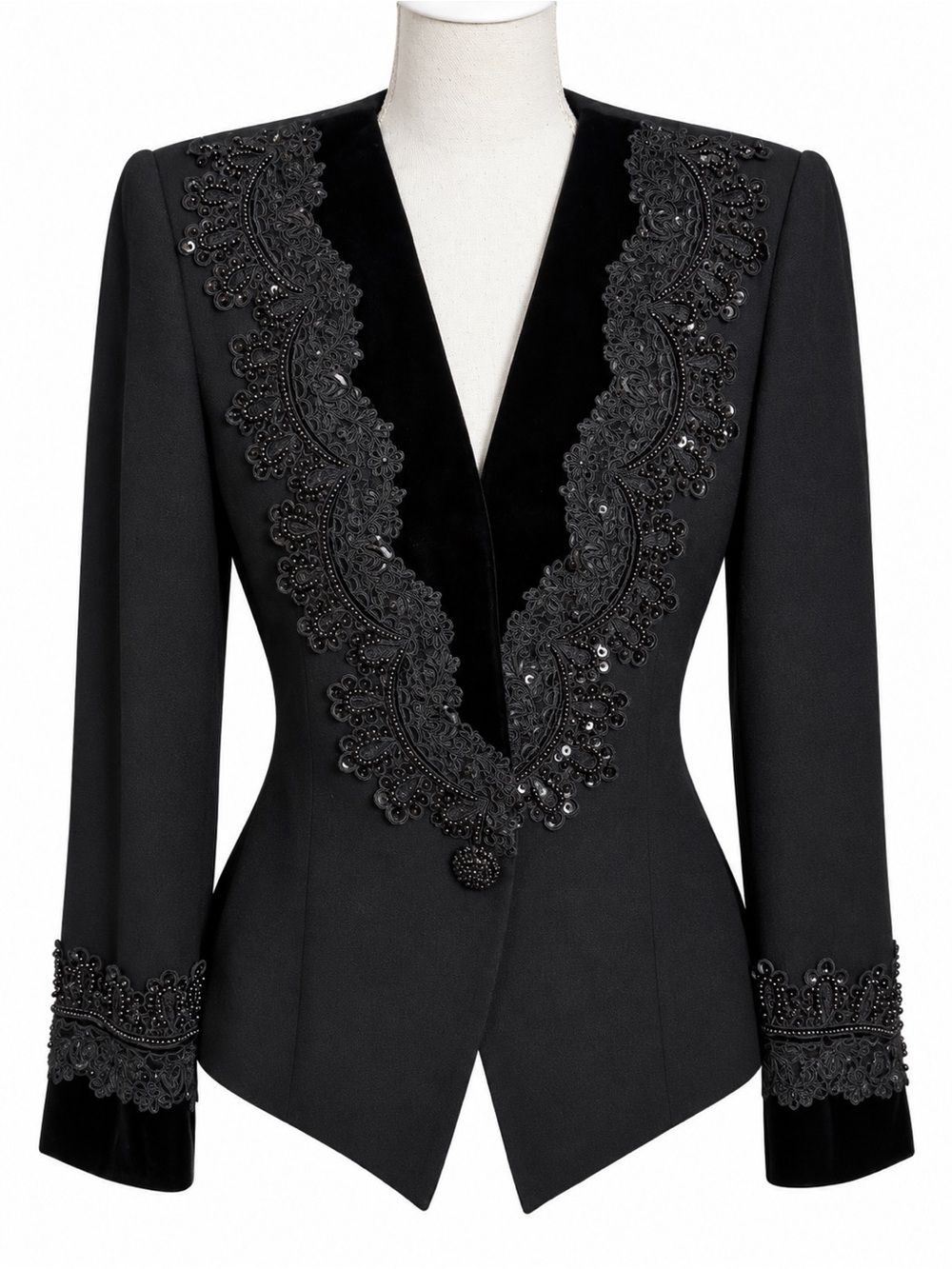 Nolan Miller Size 12 Black 100% Wool Embellished Beaded Lace Velvet Blazer - Picture 2 of 6